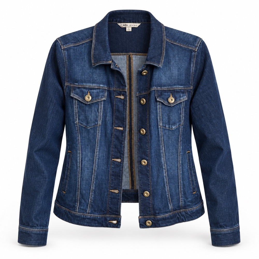 CAbi Norma Jean Denim Jacket Large Dark Wash Stretch Tailored Trucker Preppy